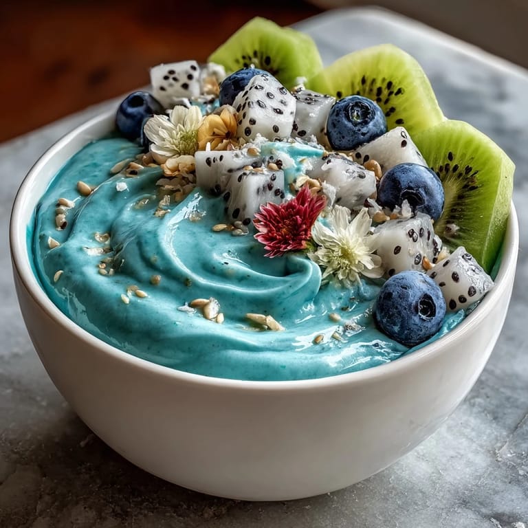 Close-up view of a nutrient-dense Whimsical Healthy Mermaid Smoothie Bowl featuring edible flowers and hemp seeds for texture.