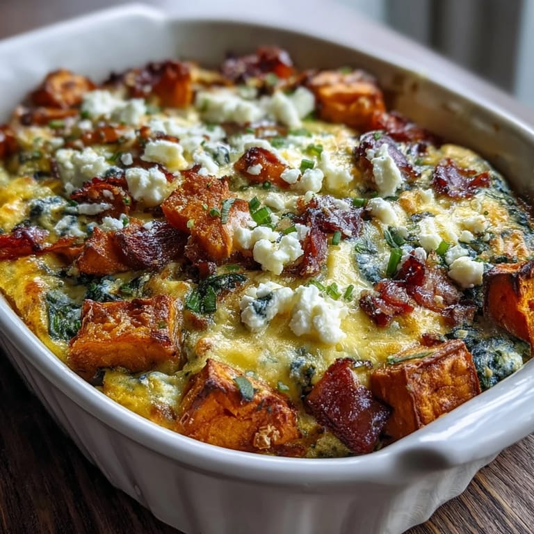 Easy Sweet Potato Egg Casserole plated beside fresh spinach, perfect for a healthy vegetarian brunch.