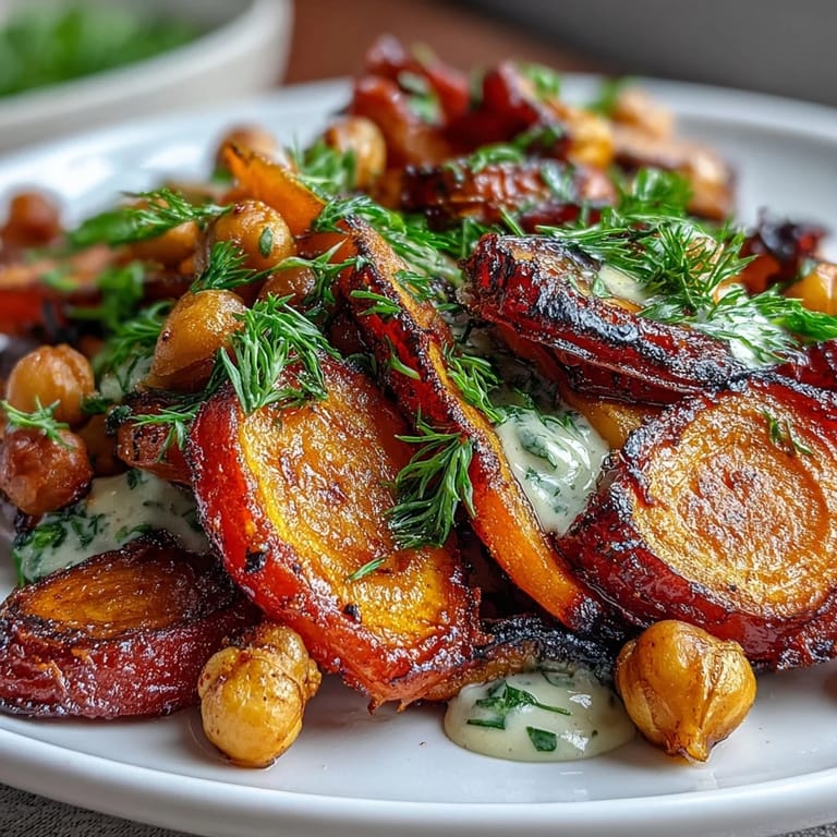 Close-up of caramelized One-Pan Roasted Carrot and Chickpea Bowl ingredients, featuring golden chickpeas and tender carrots glistening with olive oil.