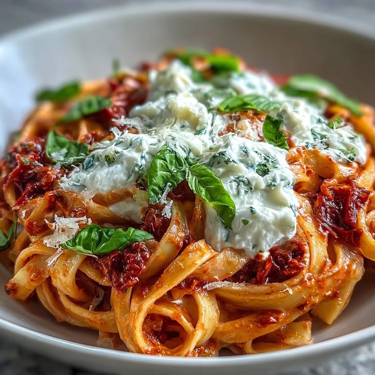 Close-up of Creamy Red Pepper Pasta with Burrata & Herbs, finished with basil and Parmesan.
