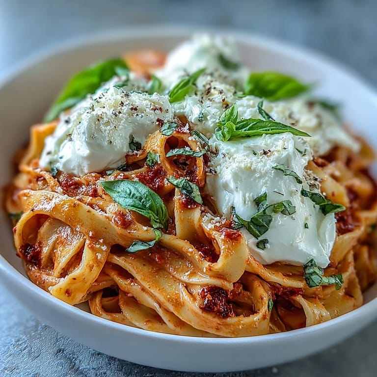 A bowl of Creamy Red Pepper Pasta with Burrata & Herbs topped with torn burrata.