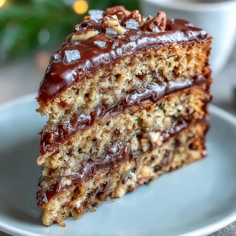Homemade Christmas Toffee Crunch Cake layers stacked high, dusted with powdered sugar and topped with extra crunchy toffee shards.