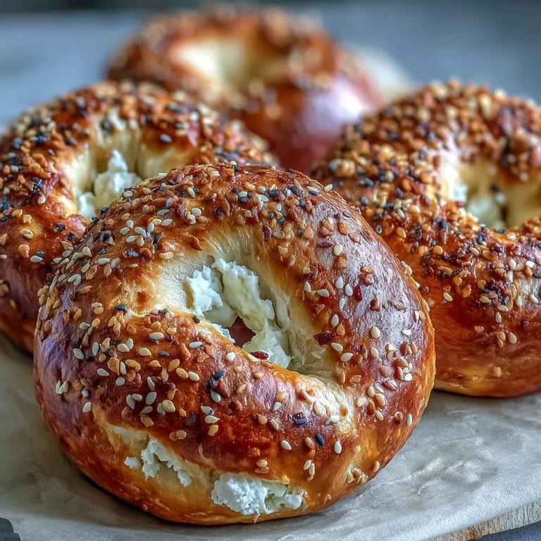 Four golden Greek Yogurt Bagels on a baking tray, showcasing fluffy interiors and customizable toppings for a healthy breakfast.