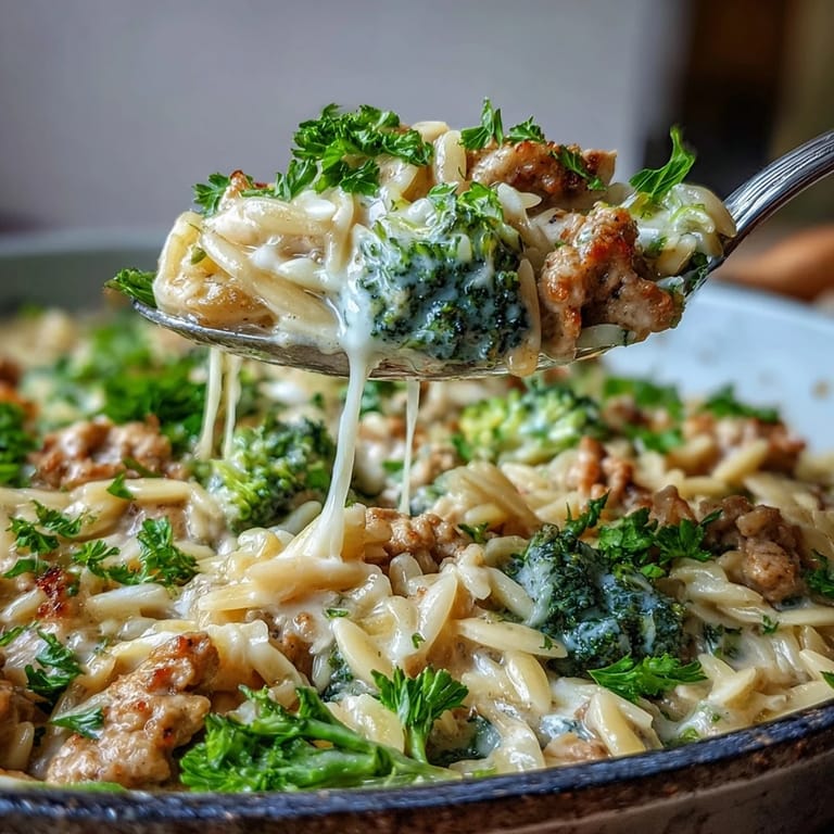 Overhead view of Creamy Garlic Turkey & Broccoli Orzo, revealing sautéed turkey mince, al dente pasta, and melted parmesan cheese in a rich sauce.