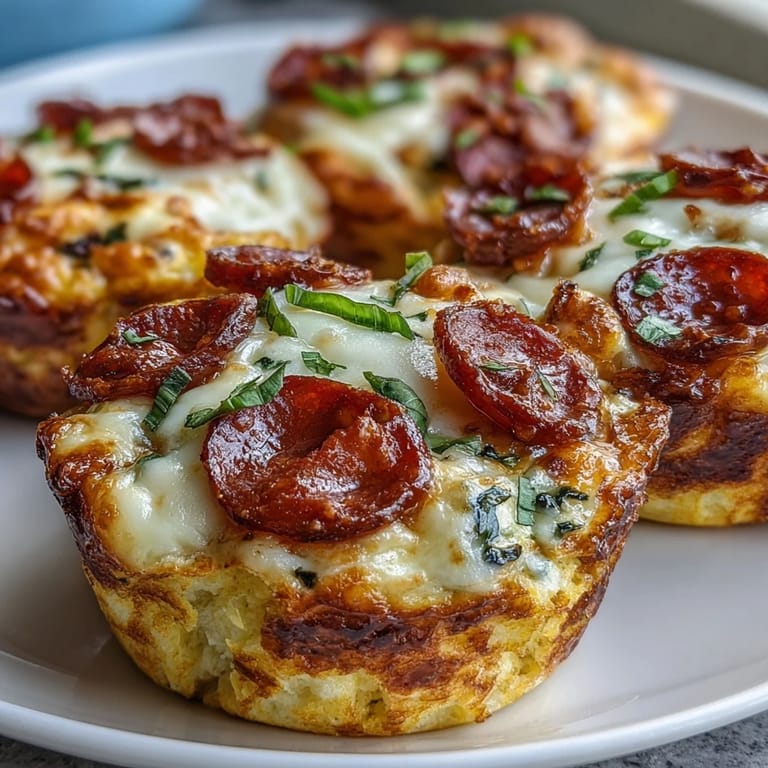 Steam rises from a split High-Protein Pepperoni Breakfast Cup, showing fluffy egg and yogurt frittata with pizza sauce.