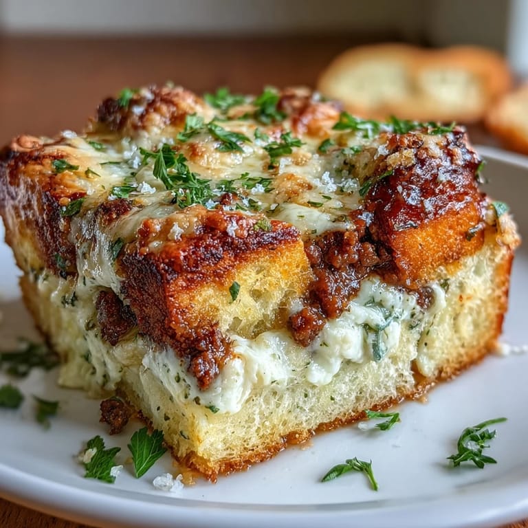Savory ground beef and marinara sauce are layered with garlic bread cubes and ricotta.