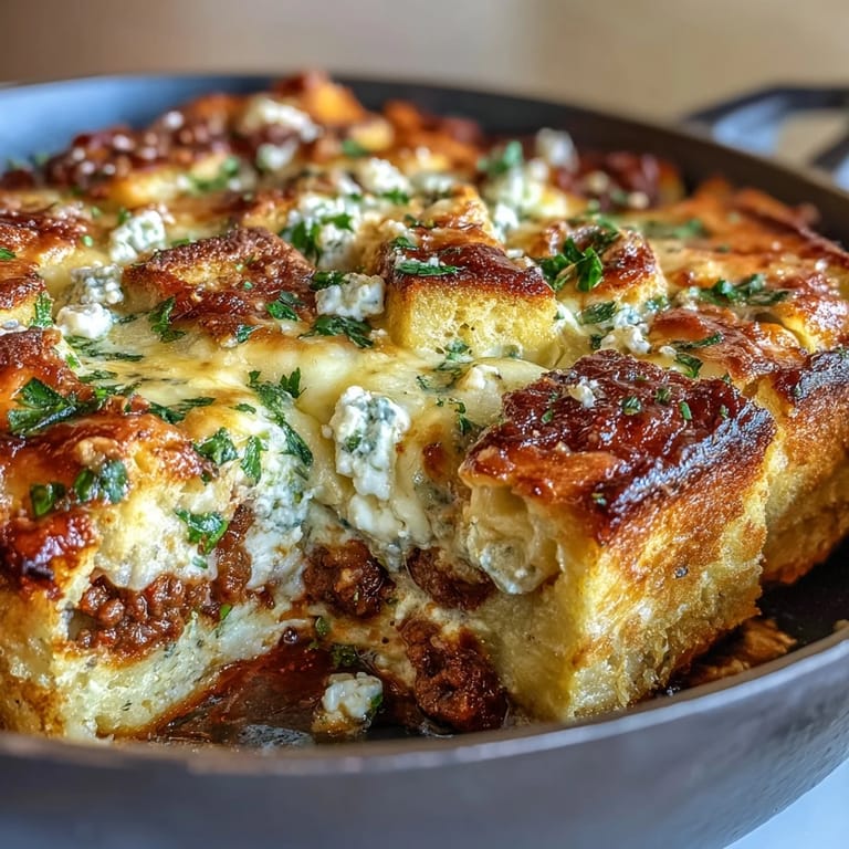 Served hot from the oven, this skillet dinner is garnished with fresh parsley.