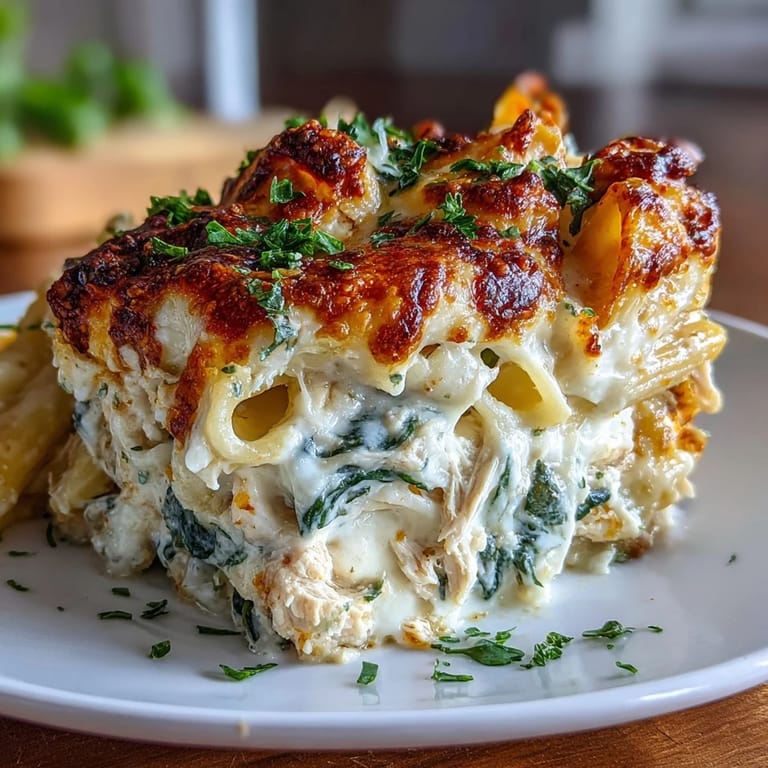 A hearty serving of Greek Yogurt Chicken Alfredo Bake in a white dish, featuring creamy sauce and rotisserie chicken.