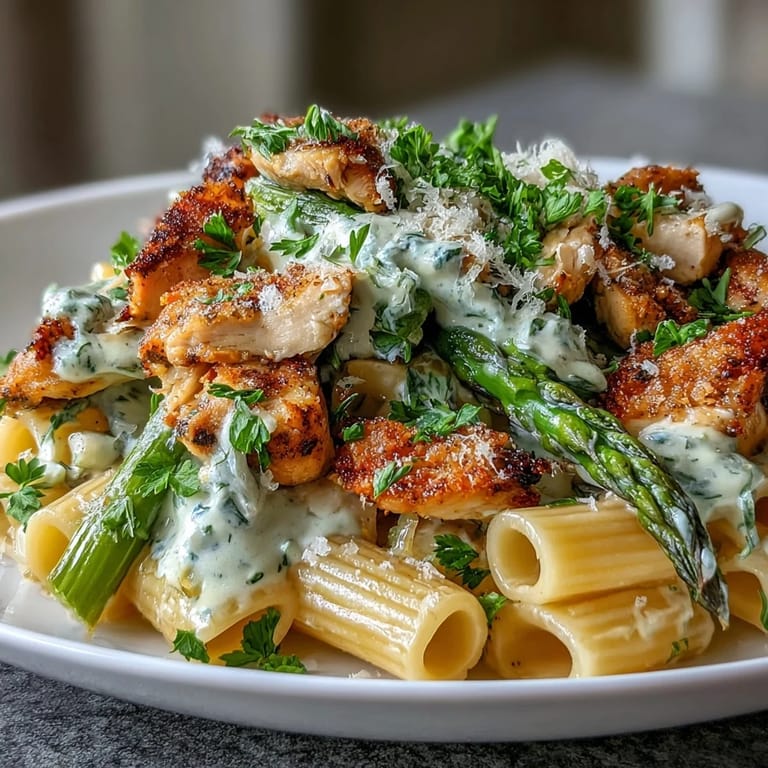 Tender sliced chicken and cheesy roasted asparagus mixed with penne pasta tossed in a glossy, creamy garlic Parmesan sauce.