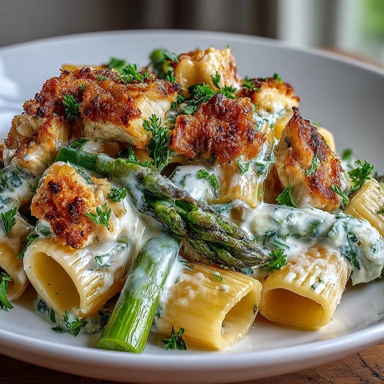 Crispy baked Asiago asparagus spears nestled in a bowl of lemony pasta with juicy chicken, ready for a weeknight dinner.