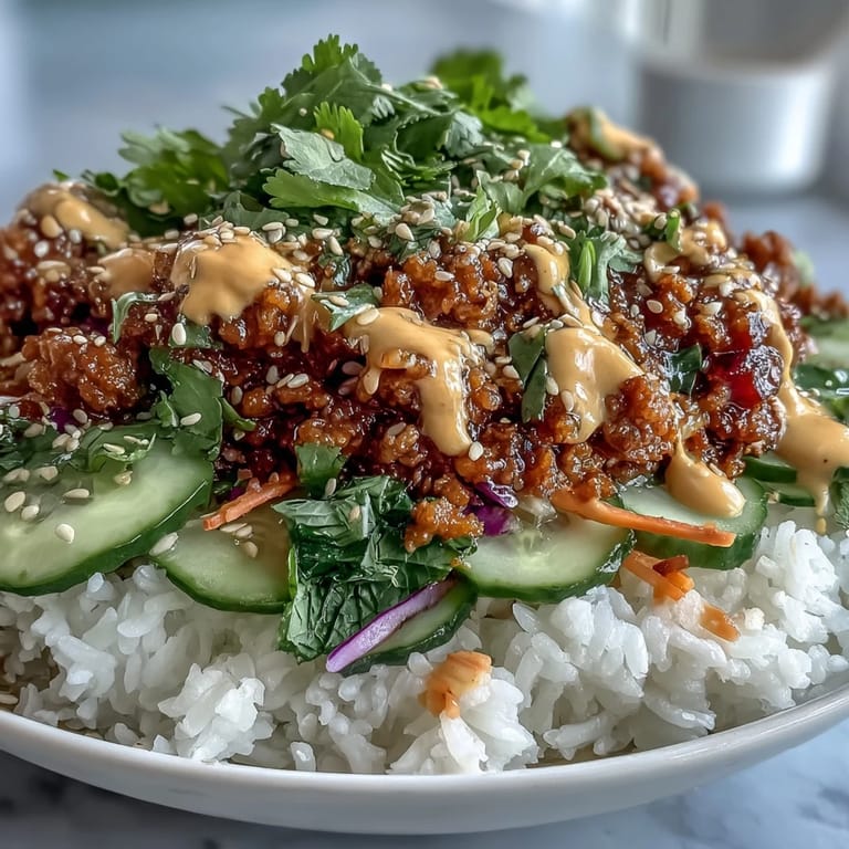 Vibrant spicy bang bang turkey rice bowls featuring savory ground turkey and fresh vegetables with lime.