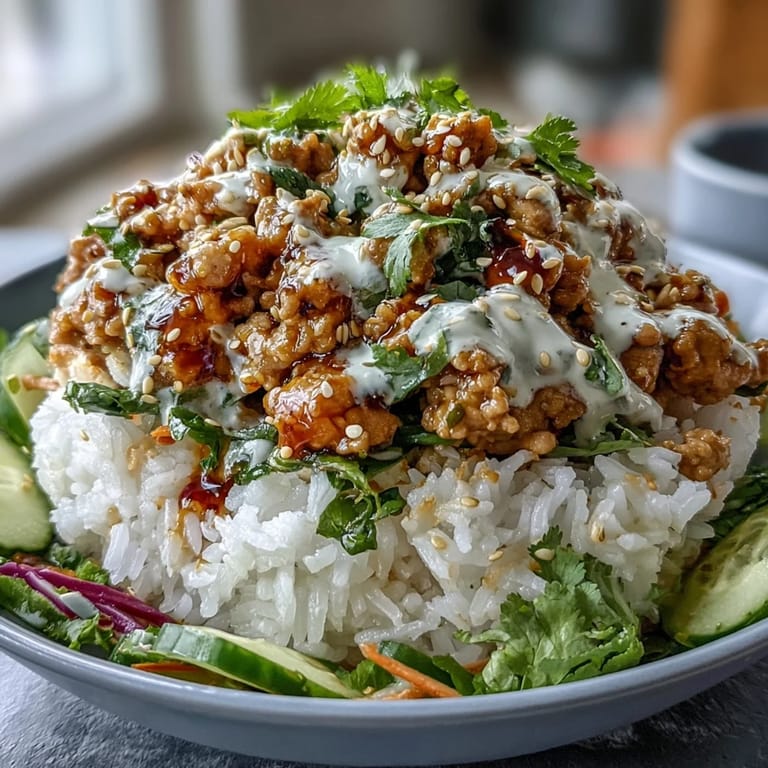 Savory bang bang turkey rice bowls served with lime wedges, sesame seeds, and fresh cilantro garnish.