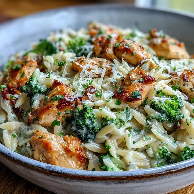 Family-style Creamy Garlic Turkey & Broccoli Orzo plated with a side salad and steam rising from the bowl.
