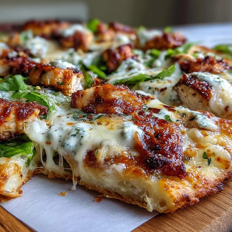 A close look at cheesy Garlic Naan Chicken Caesar Pizzas garnished with fresh romaine.