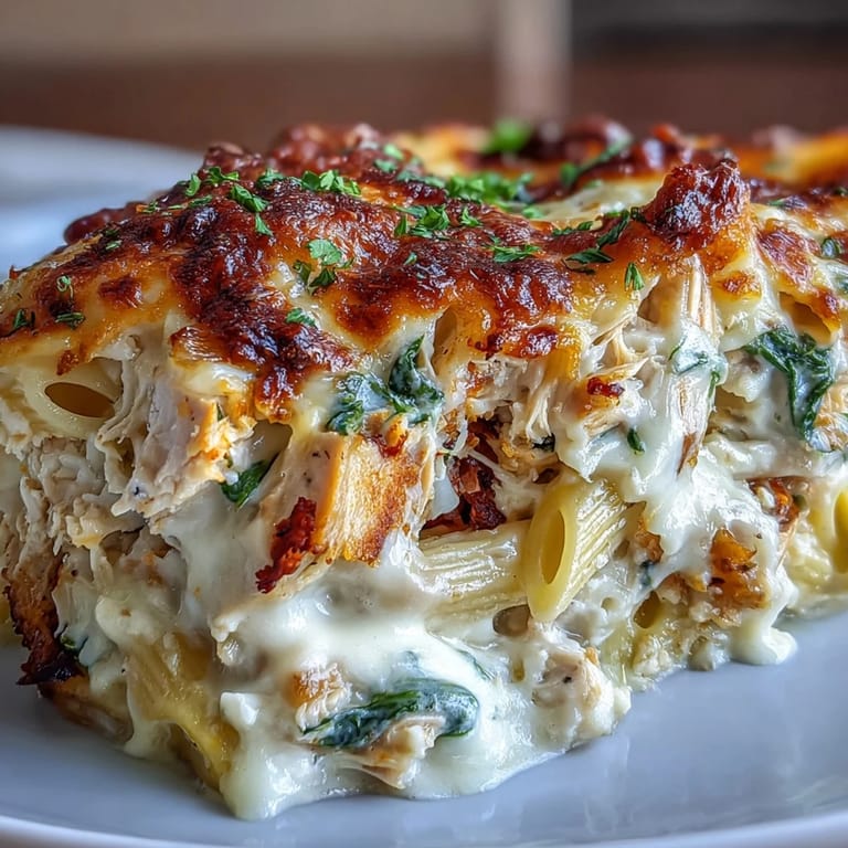 Freshly baked Greek Yogurt Chicken Alfredo Bake with sun-dried tomatoes and spinach served in a ceramic dish.