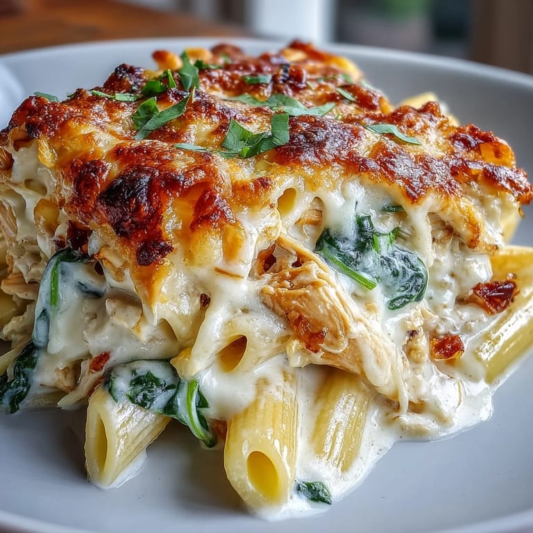 Creamy Greek Yogurt Chicken Alfredo Bake plated with a fresh salad, showcasing tender chicken and penne pasta.