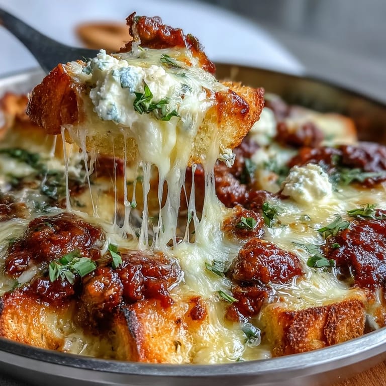 Sliced Italian bread and fresh parsley garnish this bubbling Cheesy Garlic Bread Lasagna Skillet, a hearty weeknight dinner served in a cast-iron pan.