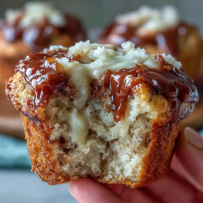 Warm Caramel Cream Cheese Swirl Muffins on a marble counter, ready to be enjoyed with a cold glass of milk.