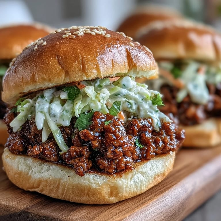 A pile of Korean Turkey Sloppy Joe Sliders is served on a platter, featuring a crunchy red cabbage slaw topping.