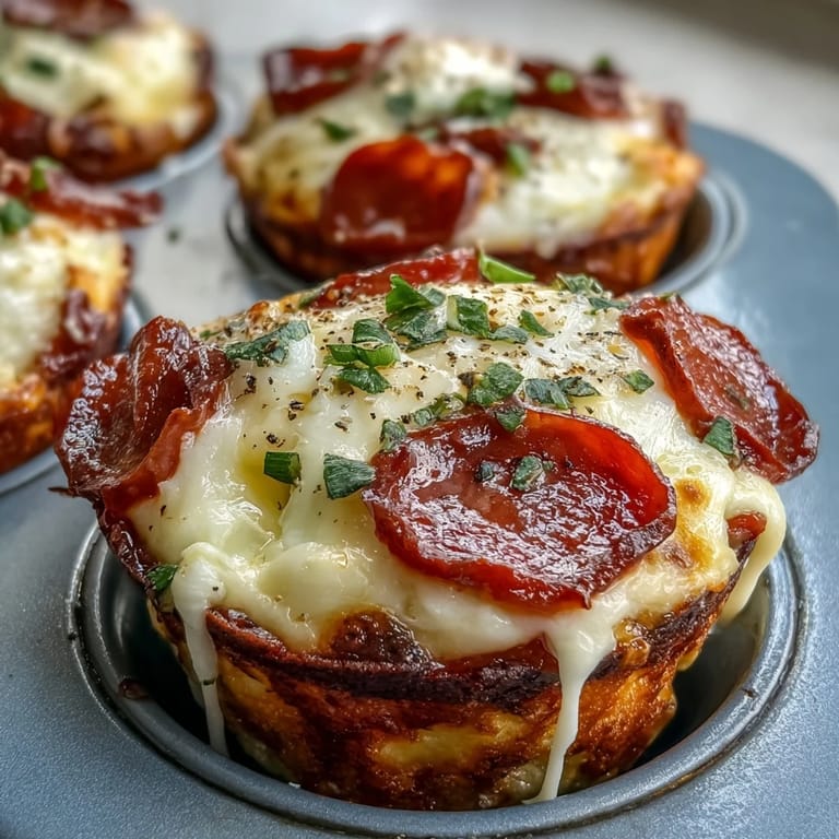 A close-up of a High-Protein Pepperoni Breakfast Cup split open to reveal a fluffy egg interior with red bell peppers and pepperoni.
