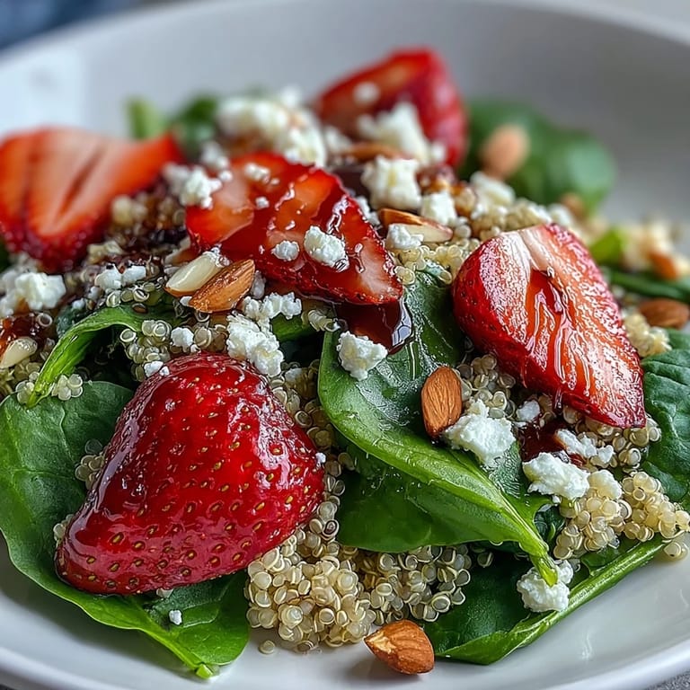A bowl of fresh Strawberry Spinach Quinoa Salad with balsamic dressing and toasted almonds.