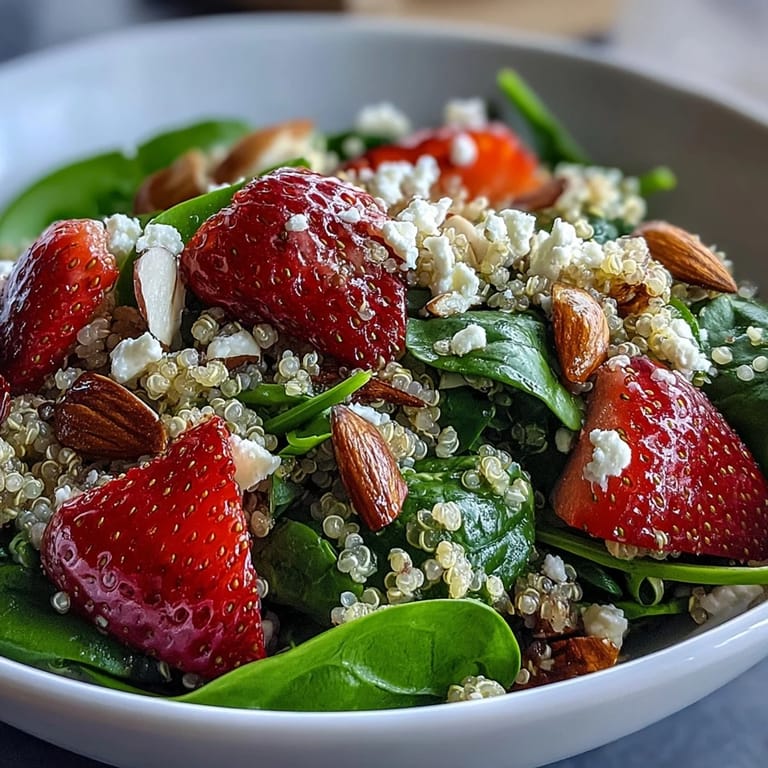 Strawberry Spinach Quinoa Salad plated with strawberries, red onion, and feta for a summer lunch.
