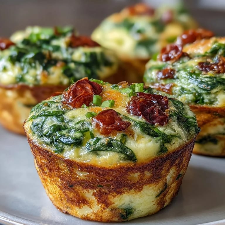 Savory High-Protein Egg Muffin Cups with Spinach and Tomatoes served warm on a white plate with herbs.
