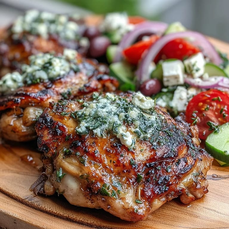 Juicy Grilled Lemon Herb Chicken Thighs with Greek Salad garnished with olives and herbs