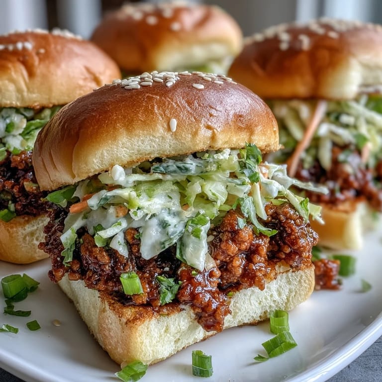 A skillet showcases the savory Korean Turkey Sloppy Joe Sliders garnished with green onions, ready to be assembled with tangy slaw.
