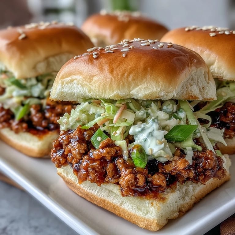 Close-up of a juicy Korean Turkey Sloppy Joe Slider, revealing a rich gochujang turkey filling and shredded cabbage-carrot slaw.