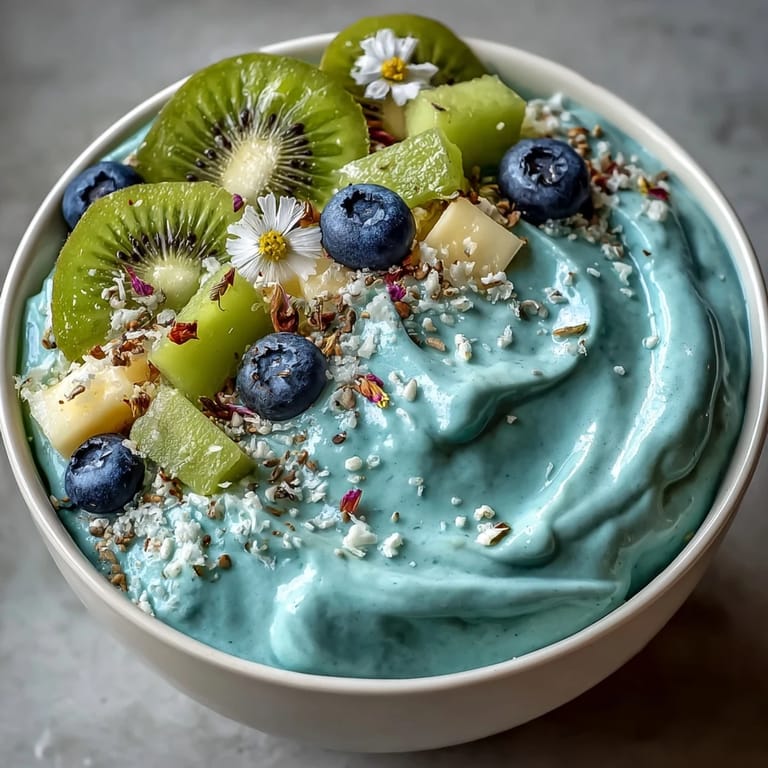 Close-up view of a nutrient-dense Whimsical Healthy Mermaid Smoothie Bowl featuring edible flowers and hemp seeds for texture.