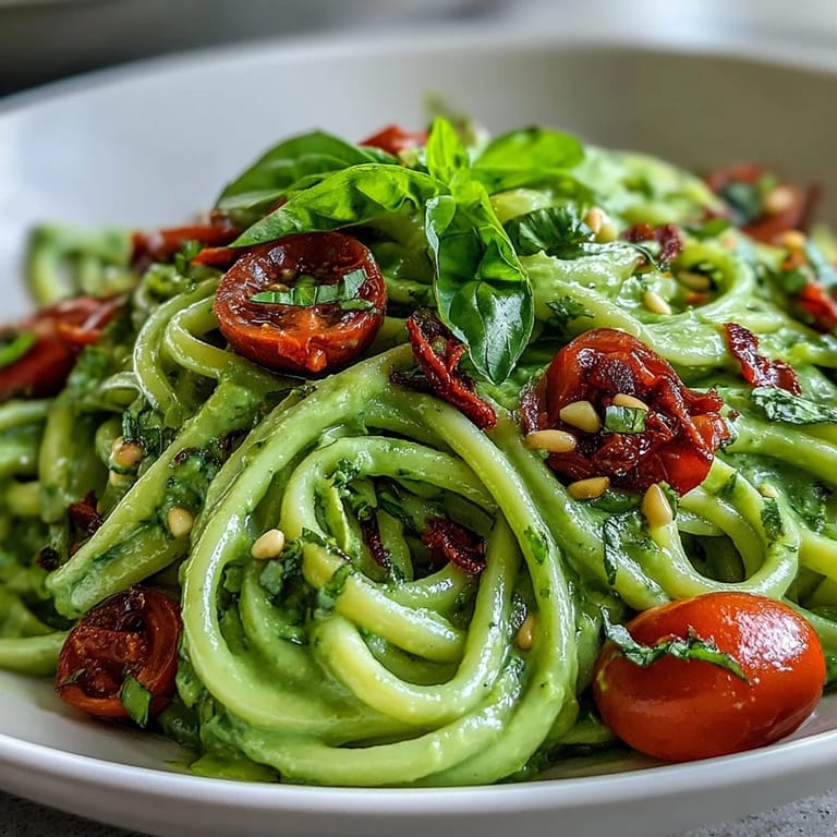 A vibrant bowl of Vegan Creamy Avocado Lime Pasta featuring halved cherry tomatoes and a silky green sauce.