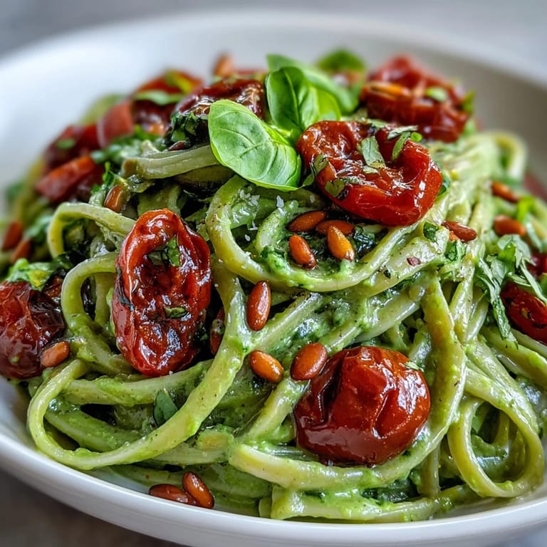 Bright green Vegan Creamy Avocado Lime Pasta with juicy cherry tomatoes and fresh basil leaves on a plate.