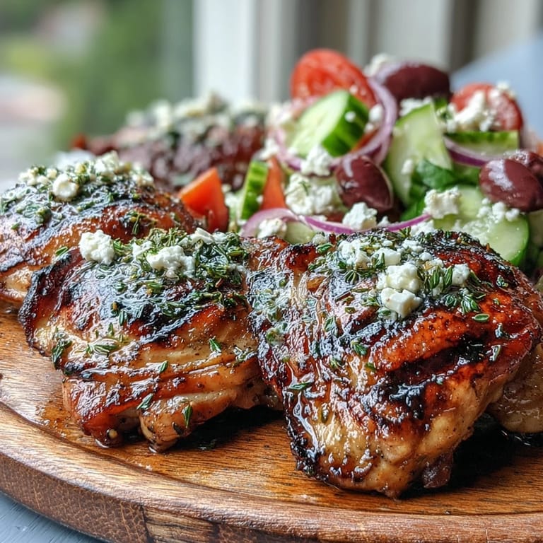 Sizzling Grilled Lemon Herb Chicken Thighs with Greek Salad plated on a rustic table