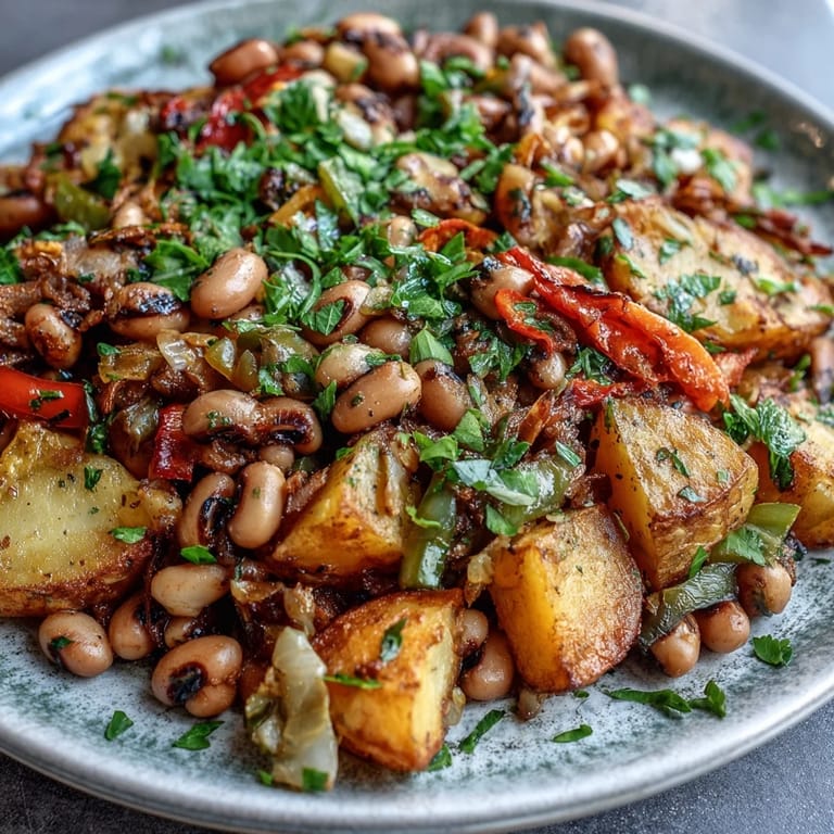 Hearty black-eyed pea hash featuring tender roasted potatoes, colorful bell peppers, and savory onions, seasoned with smoked paprika and cumin.  