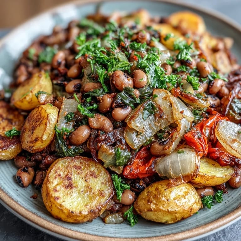 A flavorful black-eyed pea hash with crispy golden potatoes, sweet onions, and fresh parsley, perfect as a vegetarian side dish.
