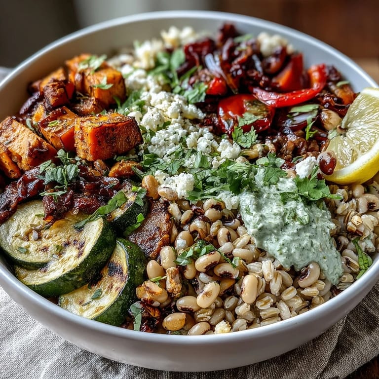 Hearty vegetarian black-eyed pea bowl layered with wild rice, caramelized vegetables, and optional feta cheese, garnished with lemon wedges for brightness.  