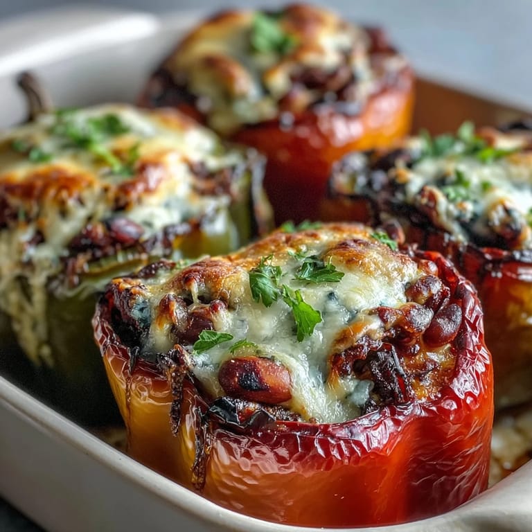 Colorful vegetarian stuffed peppers showcasing vibrant bell peppers packed with black-eyed peas, rice, and aromatic spices.  