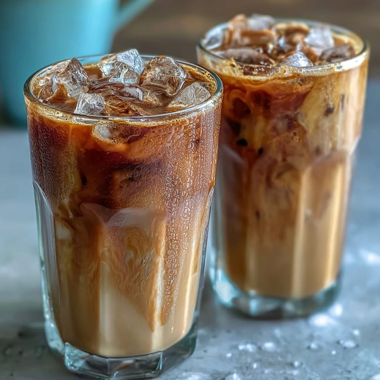 A refreshing iced hojicha latte showing the beautiful separation between the tea and milk layers.