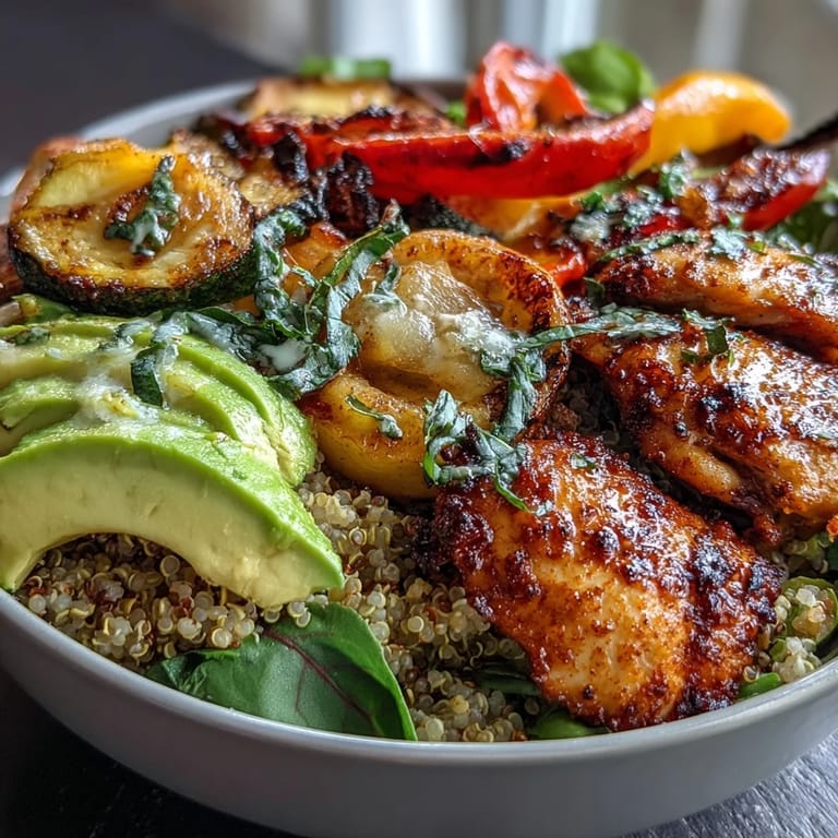 Colorful roasted vegetables and seasoned chicken served over quinoa with avocado and zesty lemon salad in a healthy bowl.