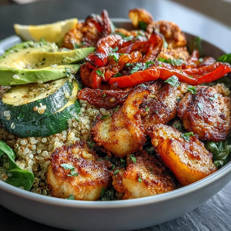 Fluffy quinoa topped with smoked paprika roasted vegetables, tender chicken, and fresh lemon-dressed greens in a nourishing bowl.  
