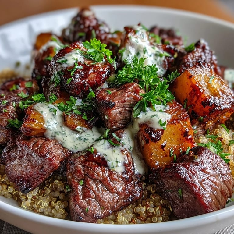 Hearty bowl of garlic herb steak, roasted butternut squash, quinoa, and rich cream sauce for cozy dinners.