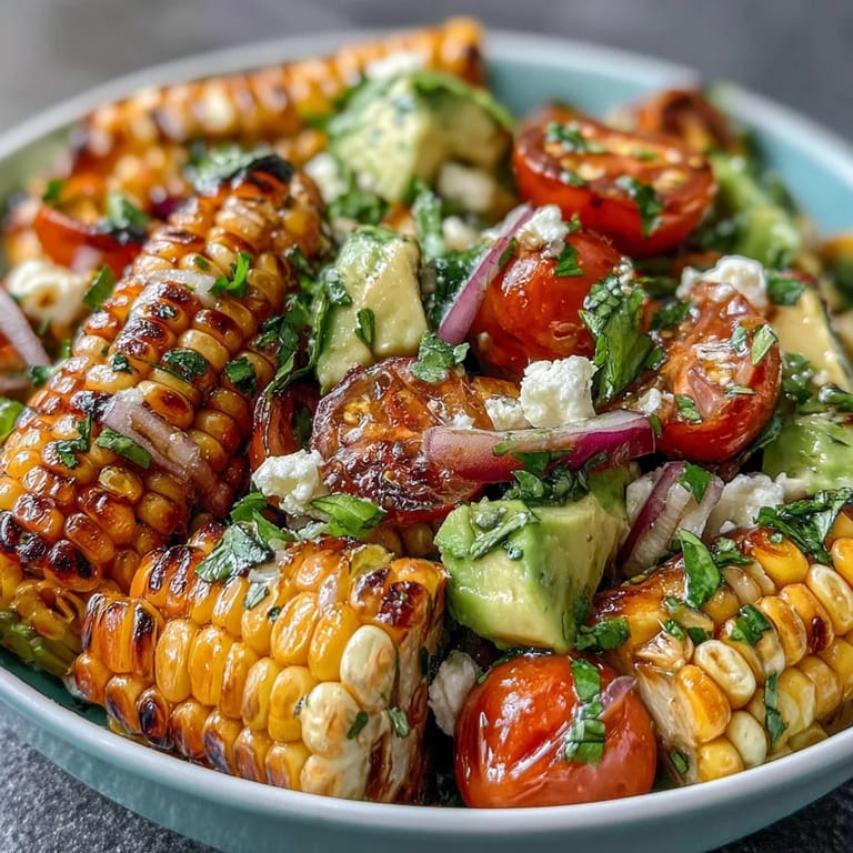 Refreshing corn tomato avocado salad with bright lime dressing, a healthy and easy vegetarian side dish.