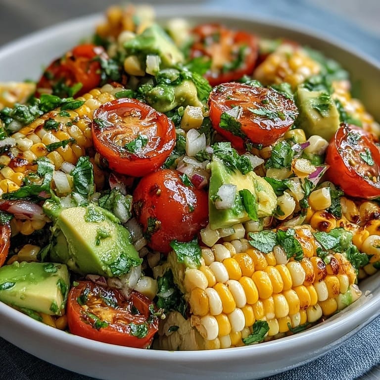 Vibrant salad featuring sweet corn, juicy tomatoes, creamy avocado, and zesty lime dressing, perfect for picnics.  