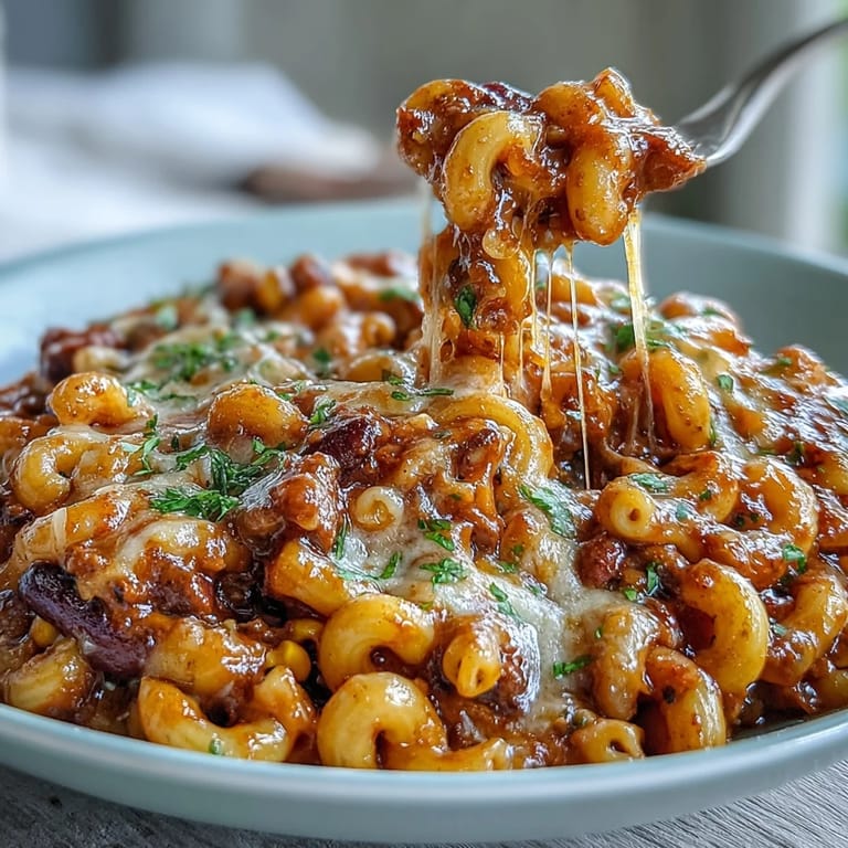 A bubbling one-pot Tex-Mex chili mac filled with tender pasta, sweet corn, and bold spices, topped with gooey nacho-style cheese.