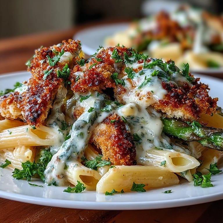 Creamy lemon-Parmesan pasta with tender chicken, roasted asparagus, and crunchy Asiago-panko crust.