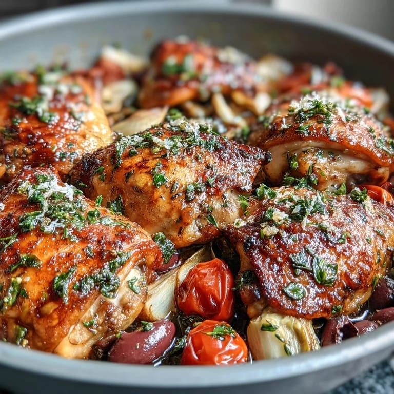 Easy weeknight one-pan Mediterranean chicken recipe featuring aromatic herbs, lemon zest, and a colorful mix of olives and vegetables in a rustic skillet.