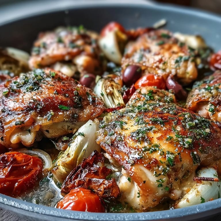 Flavorful one-pan Mediterranean chicken dish with juicy thighs, briny Kalamata olives, tender artichokes, and cherry tomatoes, garnished with parsley.  