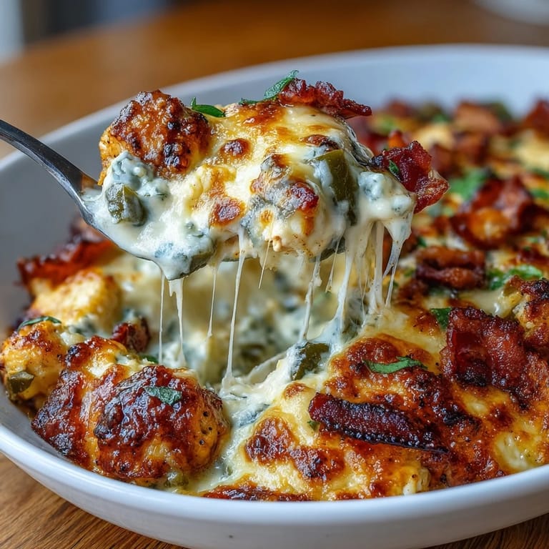 Golden baked Keto Jalapeño Popper Chicken Casserole with tender chicken, diced jalapeños, and a rich, smoky cheese sauce over cauliflower rice.