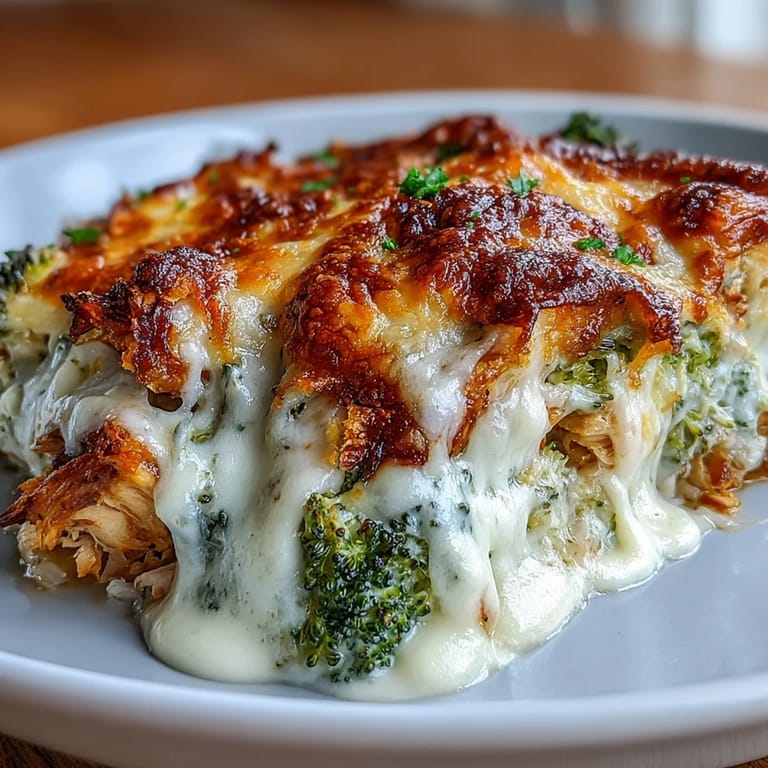 A golden-baked casserole featuring juicy chicken, vibrant broccoli, and rich melted cheese for a comforting keto dinner.